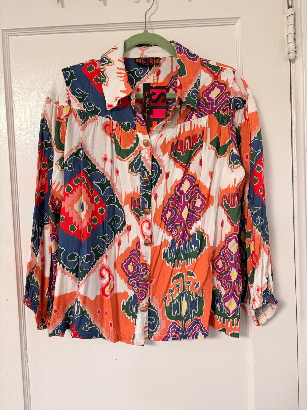 Colorful Ikat-Print Button Front Blouse - Orange Multi